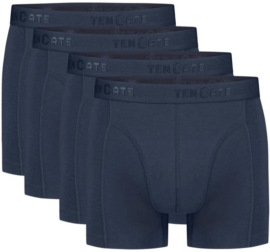 Vier navy blauwe Ten Cate boxershorts op een rij, met zwarte tailleband met logo.