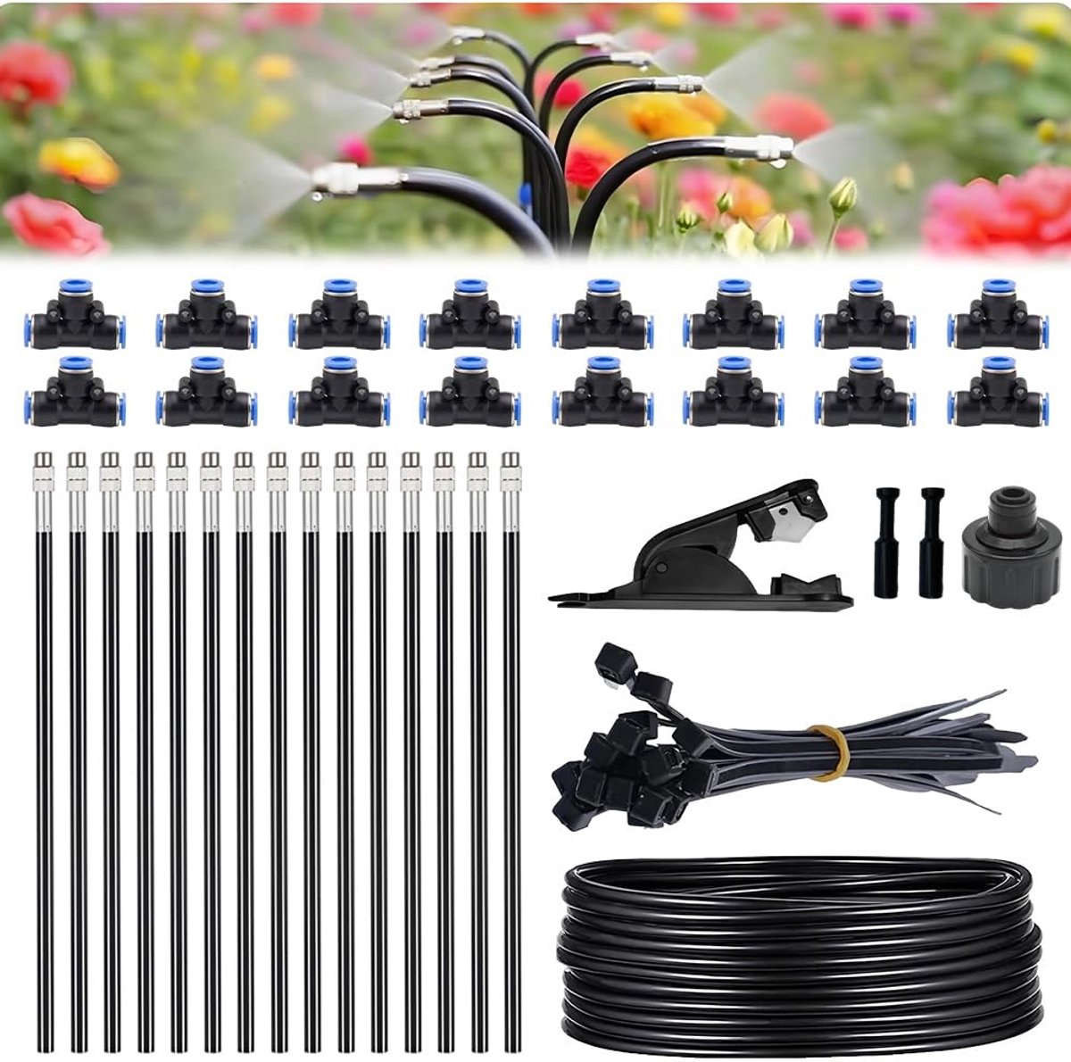 SnelShoppen - Drip Irrigation System 15 m - 360 graden instelbaar Tuinirrigatiesysteem voor Boerderij, Gazon, Patio, Tuin en Groenhuis