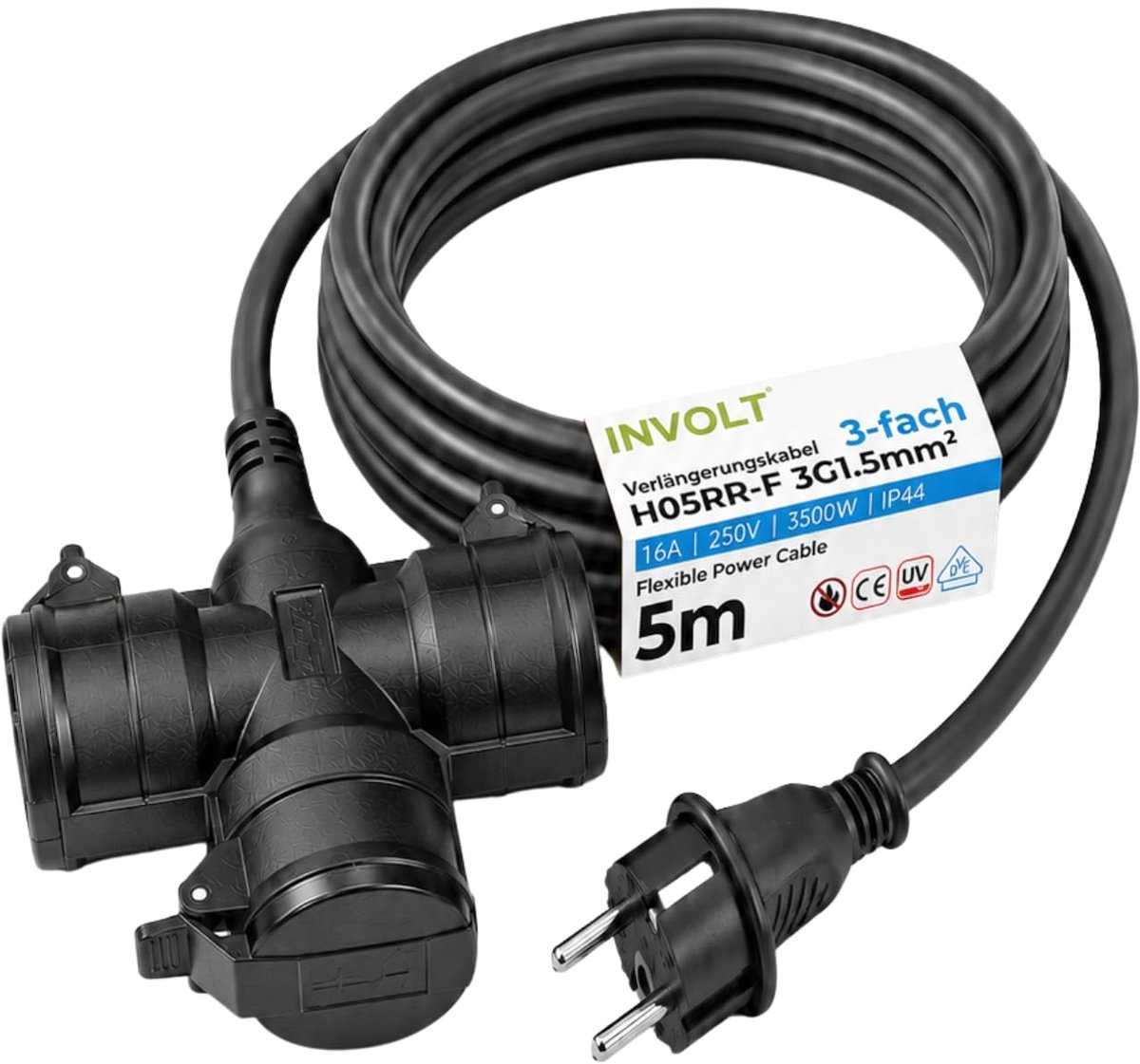 SnelShoppen - 5m Verlengkabel met 3 Schuko-stopcontacten voor Buiten, IP44, H05RR-F 3G 1,5 mm², Zwart Rubber, Perfect voor Tuin, Bouwplaats, Werkplaat