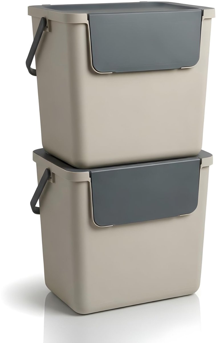 SnelShoppen - Afvalemmer Stapelbaar 2 x 30L Beige, Afvalscheidingssysteem Vrijstaand, Geurdicht, Groot, 38 x 28 x 34 cm voor Keuken, Tuin, Kamperen