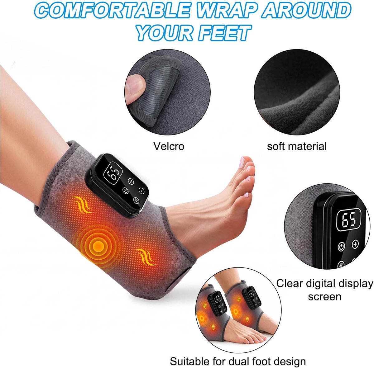 SnelShoppen - Voetmassageapparaat met Warmte, Draadloos en Oplaadbaar, 2 Stuks, Instelbare Intensiteit voor Verlichting van Voetvermoeidheid, Grijs