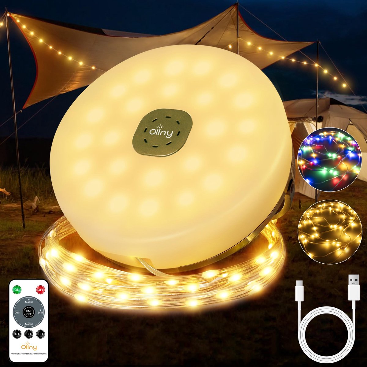 SnelShoppen - Campinglichtsnoer 10m 100 LEDs Draagbaar Oplaadbaar Oprolbaar Lichtketting Buiten 9 Verlichtingsmodi Waterdicht Warmwit Kleurrijk USB Ve