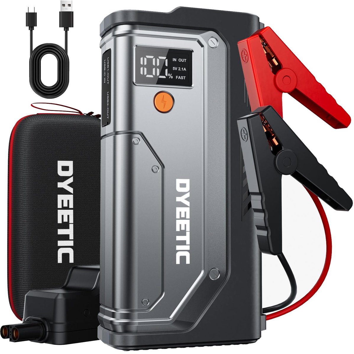 SnelShoppen - Accu Auto Starthulp Powerbank Jumpstarter 5000A voor 10L Benzine & 8L Diesel met Led-zaklamp, Display & Intelligente Startkabel - Ideaal