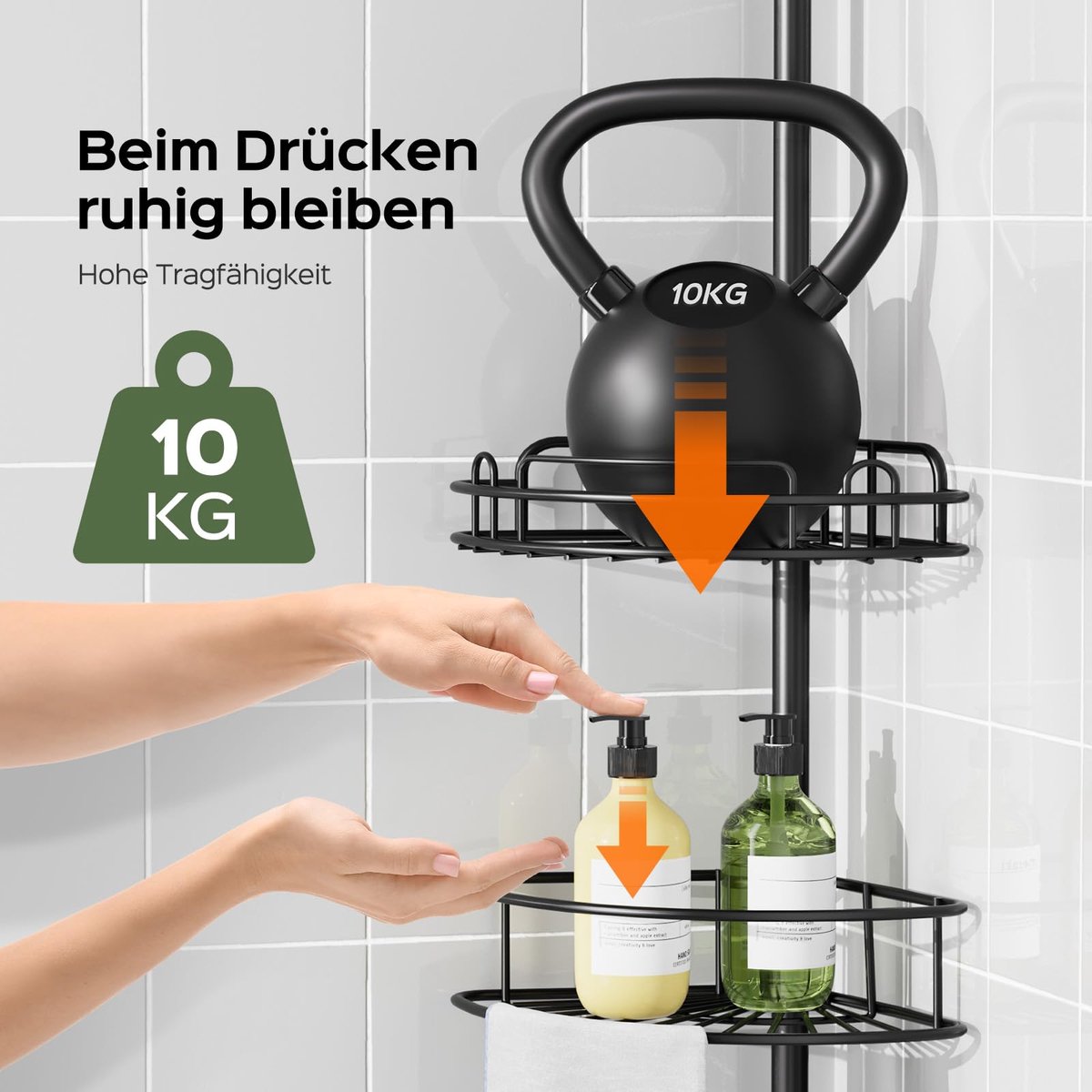 SnelShoppen - Telescopische Hoekdoucheplank zonder Boren, Antislip, Stabiele Metalen Plank, Hoogte Verstelbaar 121-314 cm, Zwart, Ideaal voor Badkuip