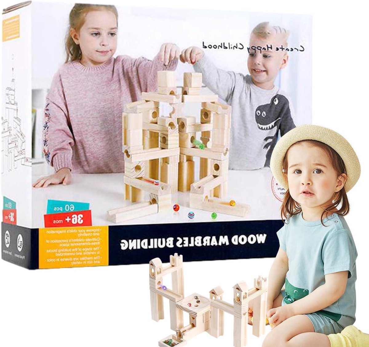Houten Knikkerbaan - Knikkerspeelgoed Racebaan - Educatief Spel - 60 Kralen Puzzel - 25.6 x 24.4 x 10.4 cm - Houtkleur