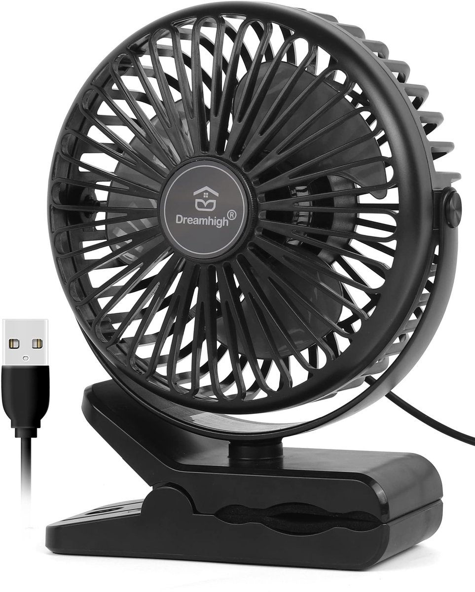 SnelShoppen - Mini-USB-ventilator, 360° rotatie, draagbare clipventilator, 3 snelheden, stille tafelventilator voor bureau, thuis, kantoor, zwart