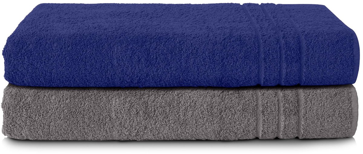 SnelShoppen - Set van 2 XXL Handdoeken 70x200 cm - 100% Katoen - Zachte Saunahanddoeken - Badlaken - Strandlaken - Sneldrogend - Antraciet & Marinebla