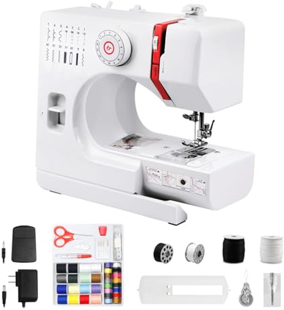Naaimachine voor beginners - Mini machine - Kleding repareren - 14 steekprogramma's - 31 cm breed - Rood
