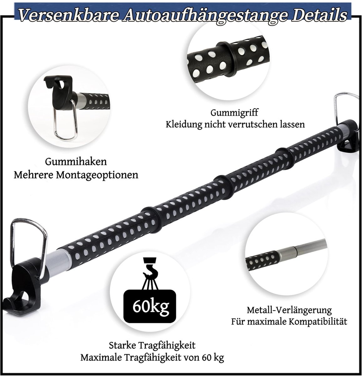 SnelShoppen - Telescopische Kledinghanger Metalen Kledingstandaard 91-164 cm, Voor Auto, Vrachtwagen, SUV, Camper, Houdt Tot 60 kg, Ideaal Voor Campin