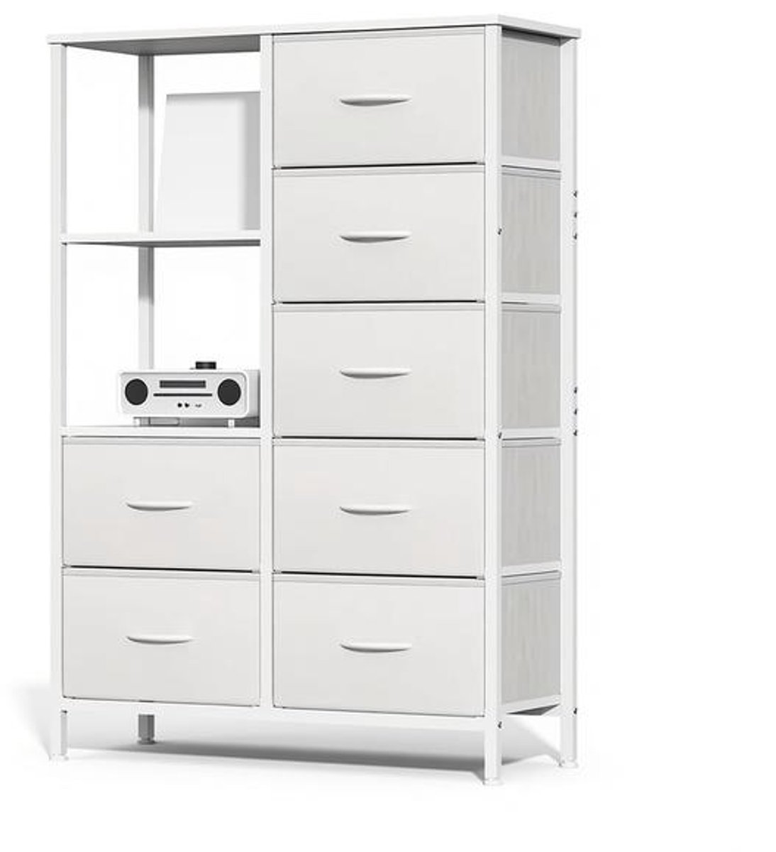 Opbergkast met 7 Stoffen Lades en 2 Open Planken, IJzeren Frame, MDF Blad, Verstelbare Poten, Multifunctioneel, WIT.