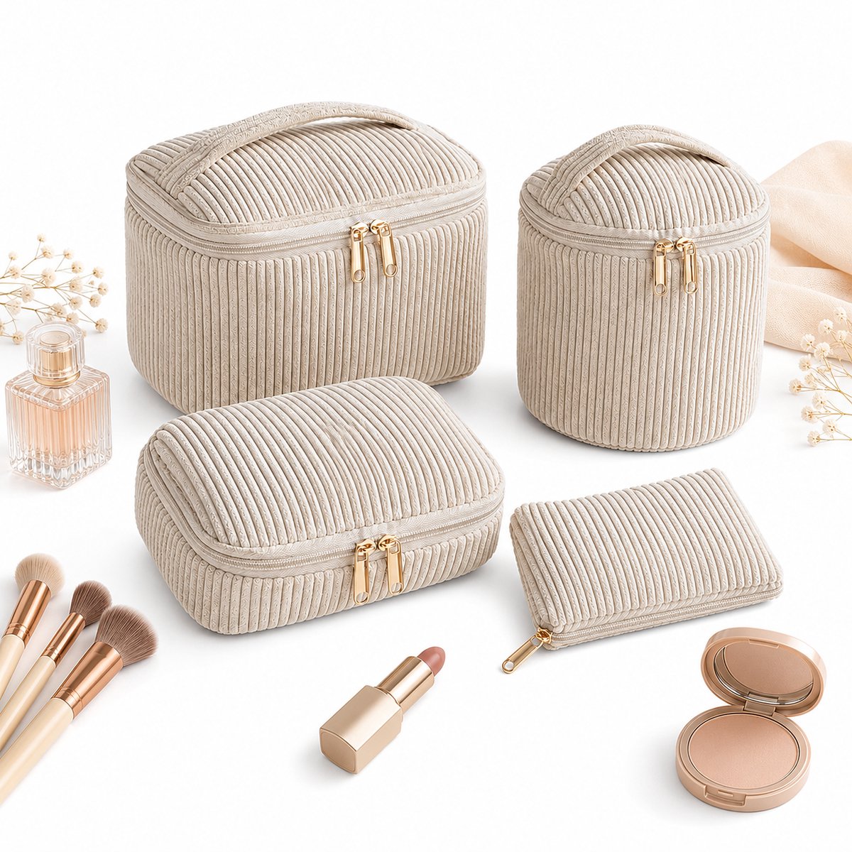 VHV - Toilettas dames - Make-uptasje - Toilettas set van 4 - Cosmetica tasje - Bloemenprint - Grote capaciteit - Voor op reis en vakantie - Beige