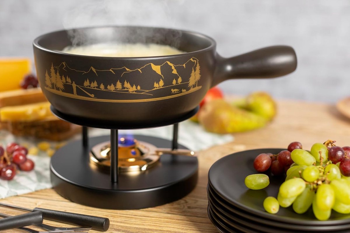 Kaasfondue set - Fonduepan met toebehoren - Gezellig eten - Handgemaakt van klei - 23 cm - Bruin – foto 4