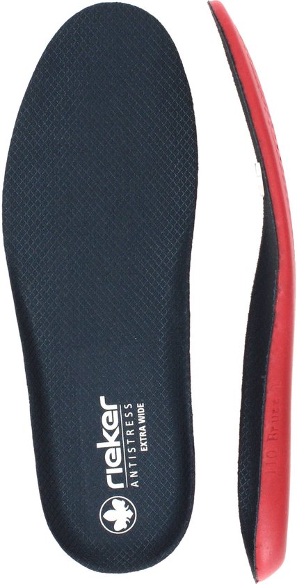 Bruine Rieker binnenzool met 'Antistress Extra Wide' tekst en een rood omrande zijkant.