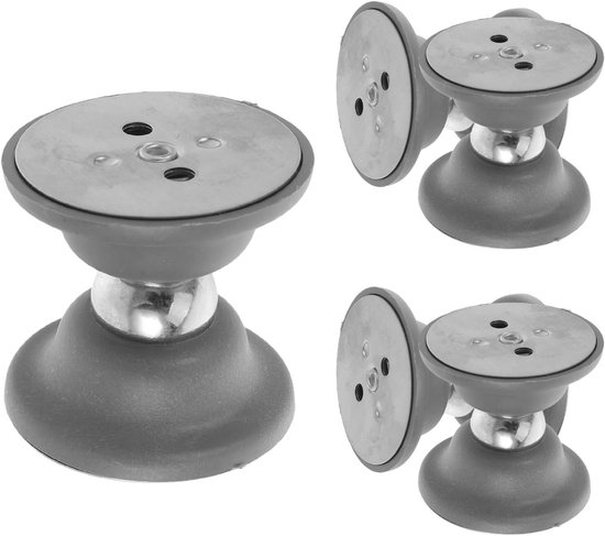 Drie grijze deurstoppers met metalen bevestiging en schroefgaten.