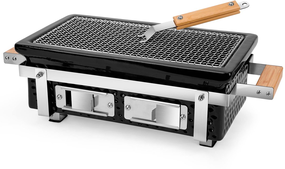 SnelShoppen - Houtskoolbarbecue Keramiek Tafelblad Yakiniku Grill - Draagbare Rechthoekige Houtskoolgrill met Roestvrijstalen Grillrooster - Perfect v