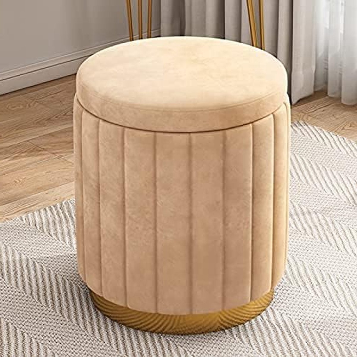 Ronde Opbergpoef - Voetenbankje Kruk - Woonkamer Decoratie - Met Deksel - 34x34x45 cm - Geel