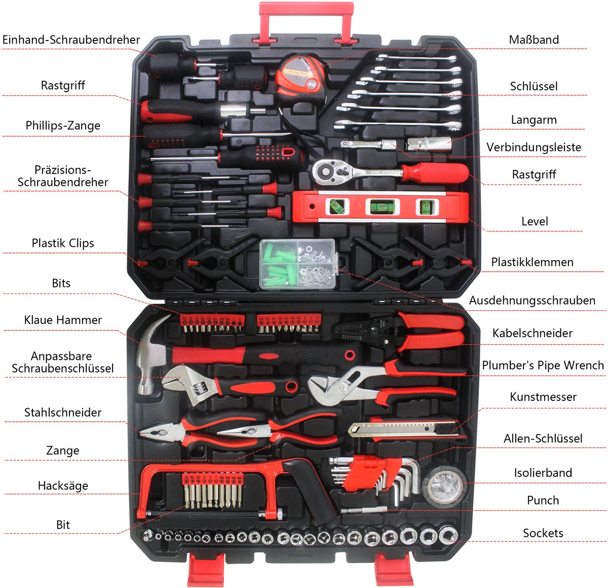 MIVRAY Gereedschapskoffer Met Gereedschap 238-delig – Compact Hard Case – 45,5 x 35,5 x 8,9 cm – Koolstofstaal – Zwart Rood – Voor Thuis, Garage En Doe Het Zelf — cadeau in Gereedschap - foto 2