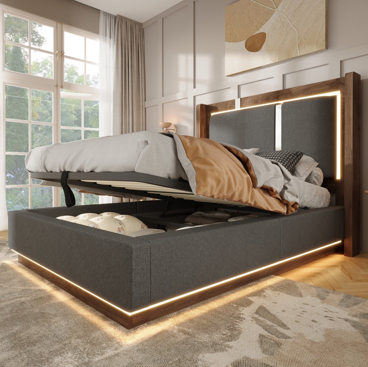 MODFU Bed - Stof - Grijs - Walnoot - LED - Opbergruimte - Hydraulisch