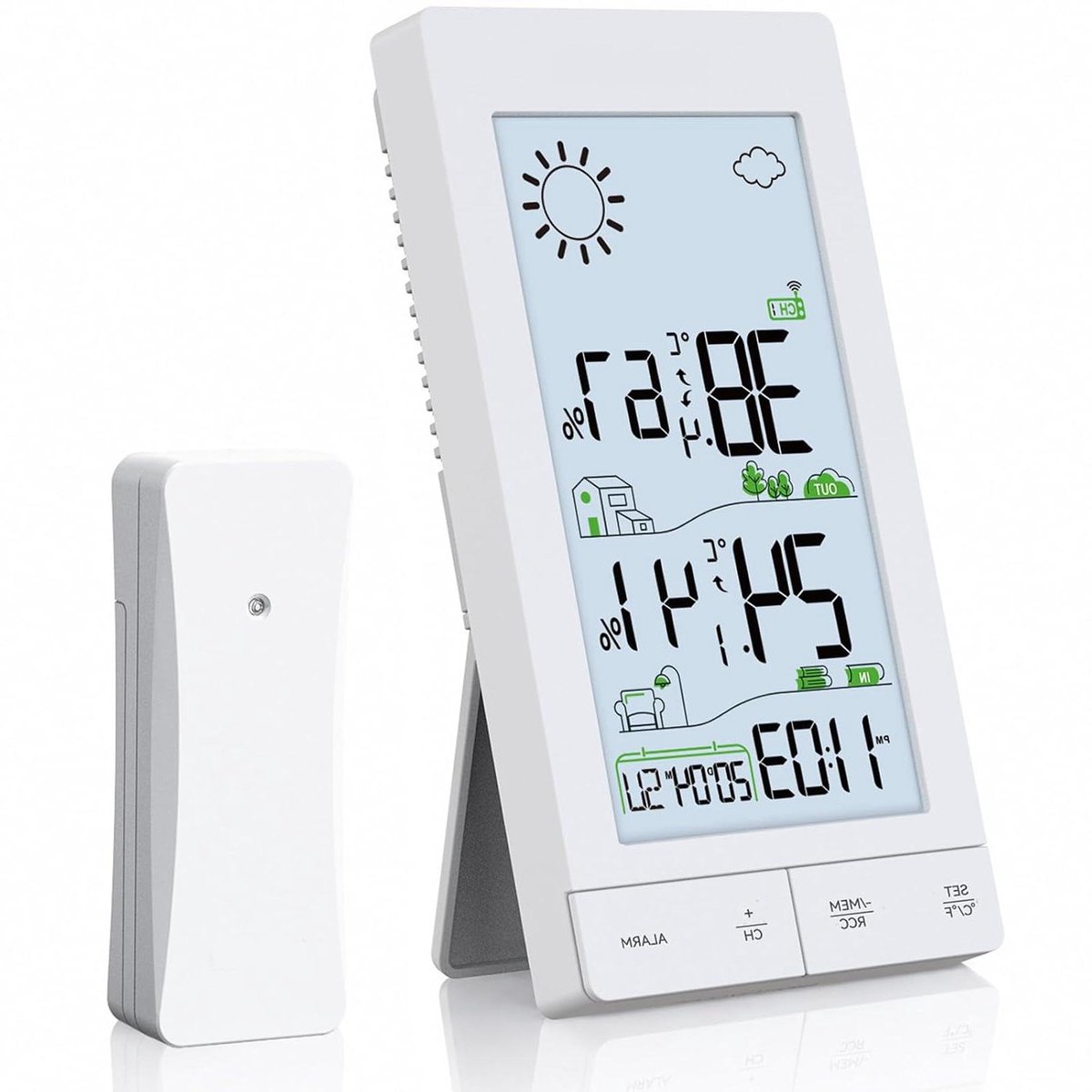 Draadloos Weerstation - Digitale Klok Thermometer - Thuis Weer Monitoren - Groot Verlicht LCD - 5 inch Display - Zwart