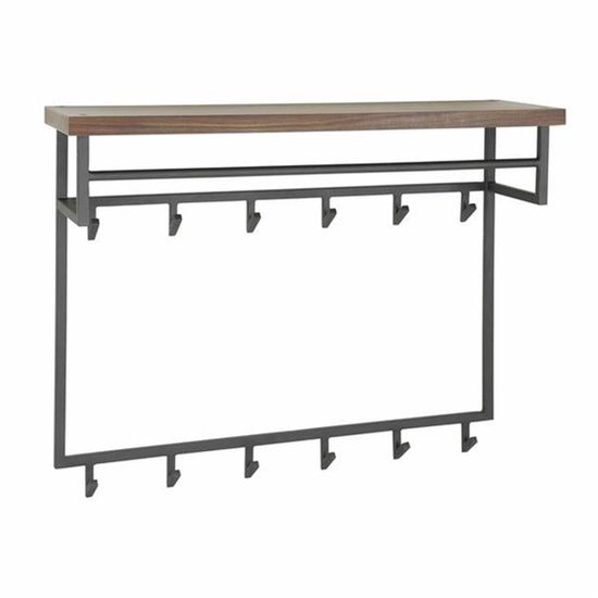 Wandkapstok met houten legplank, een stang en 12 haken aan een metalen frame. Afmetingen 100x30x80cm.