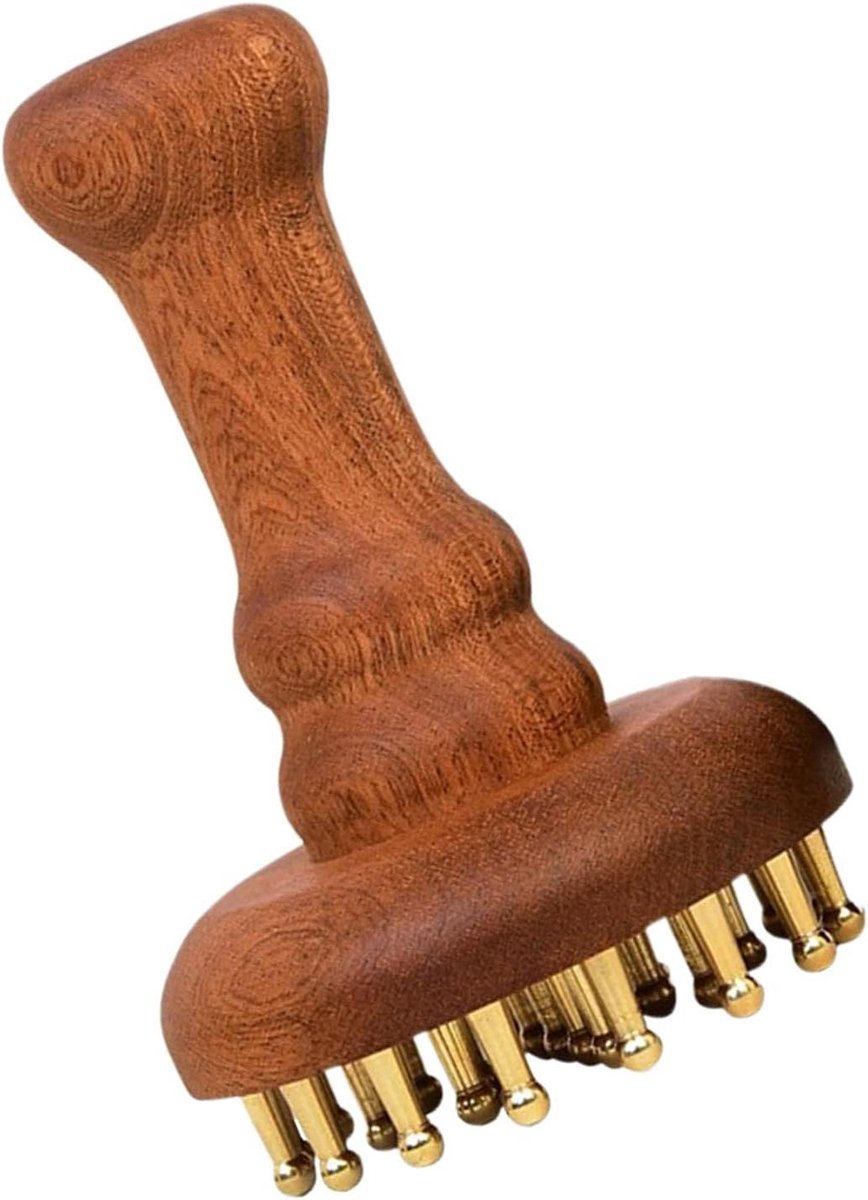 Hoofdhuid Massager - Massage Borstel - Ontspanning Bevorderen - Koperen Tanden - 13x9 cm - Houtkleur