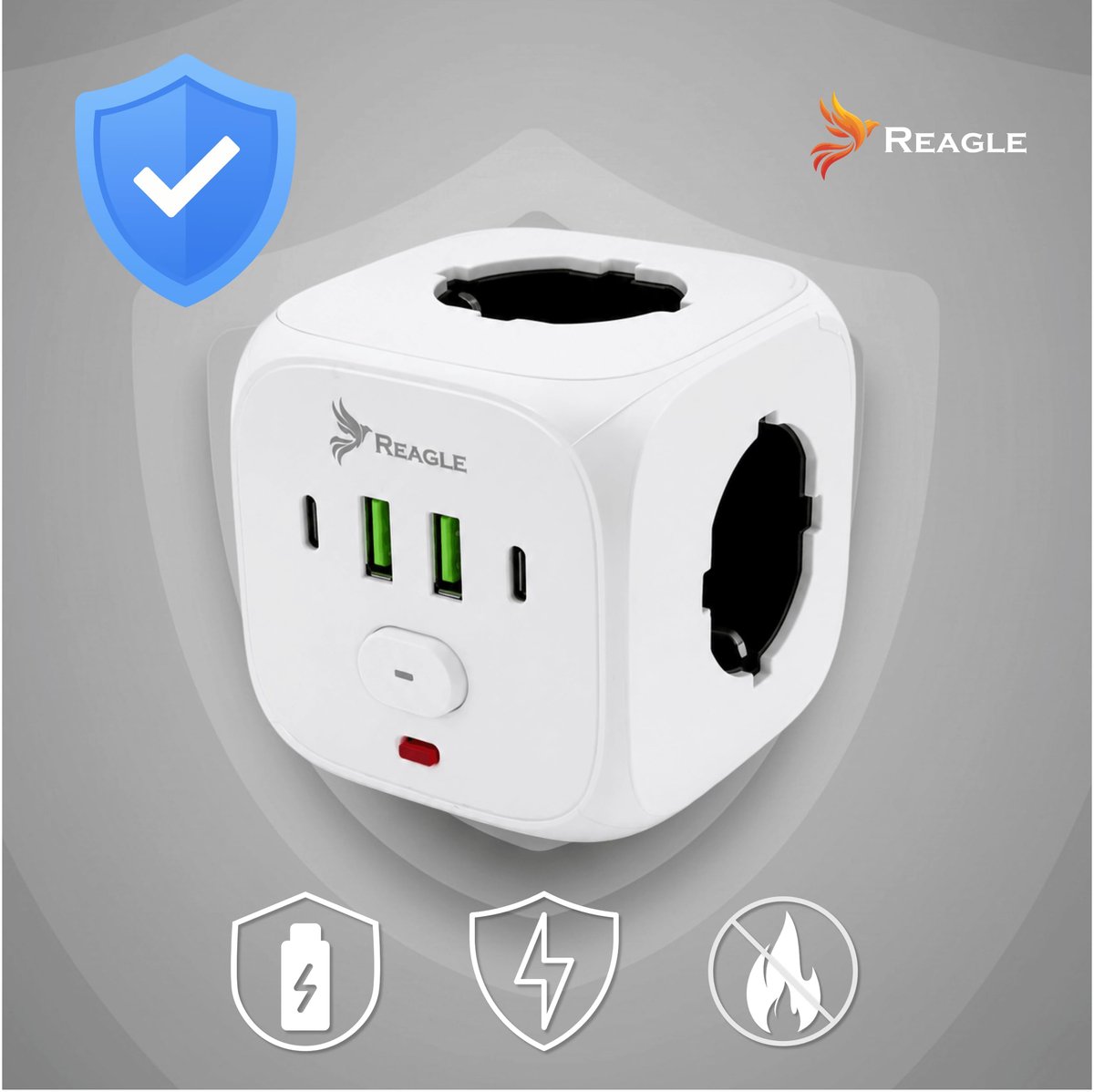 SnelShoppen - Stekkerdoos Kubus Zonder Kabel 3 Stopcontacten 230V, USB A & C, Stopcontact Adapter Cube met ON OFF Schakelaar, 2500W Voor Thuis, Kantoo