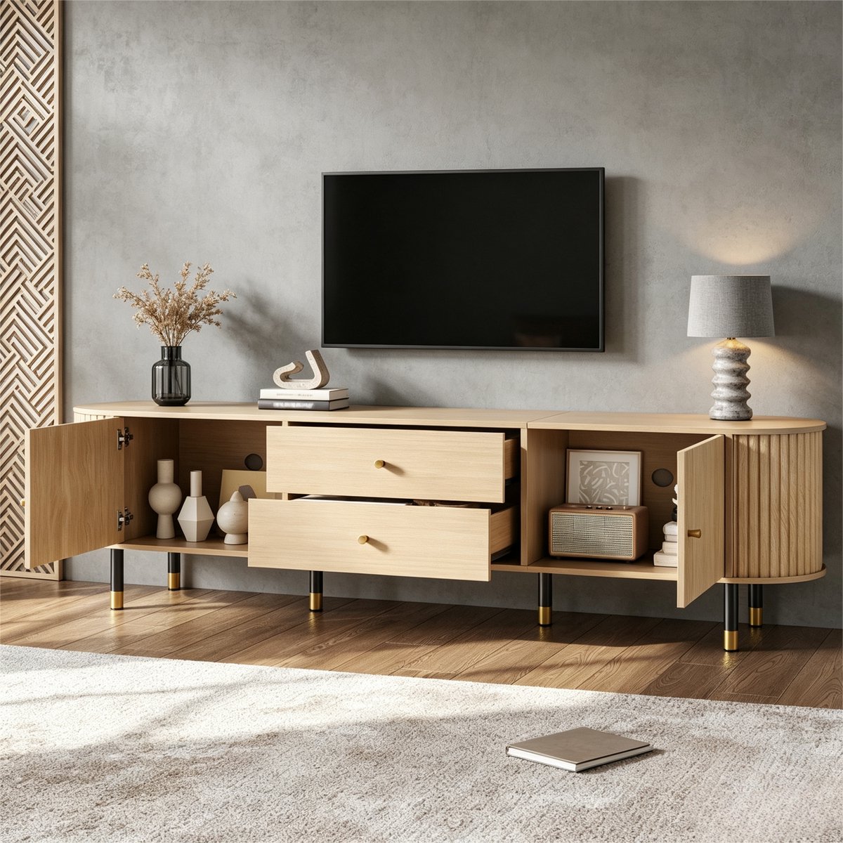 REDOM - TV meubel lowboard - 2 lades - 2 deuren - kabelmanagement - MDF, spaanplaat en ijzeren poten - Naturel - 180 x 40 x 58 cm