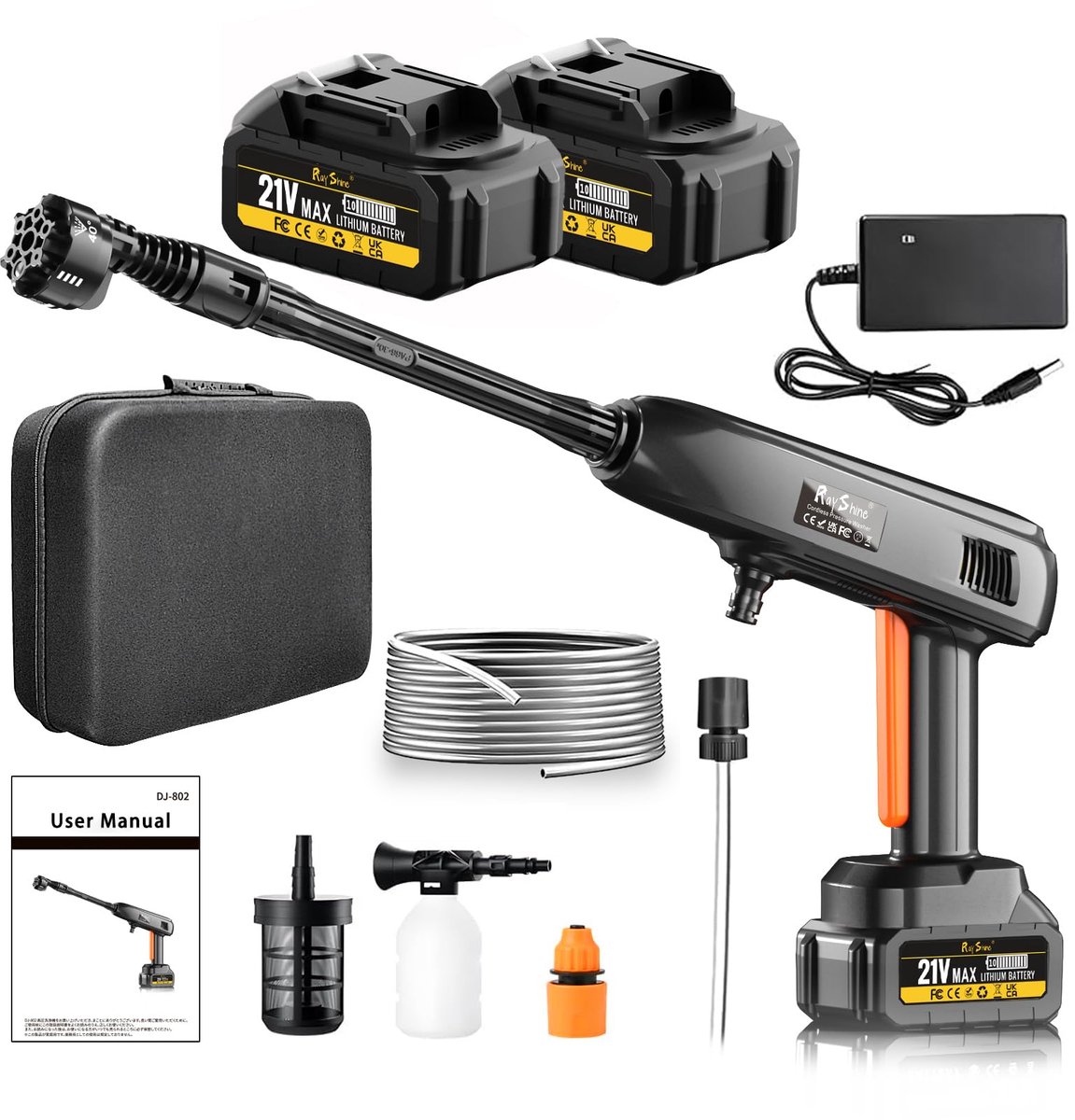 SnelShoppen - Draagbare Draadloze Hogedrukreiniger 1200PSI - 336l/h met 2 Batterijen, 6-in-1 Mondstuk & Verstelbaar Schuimkanon voor Auto en Tuin