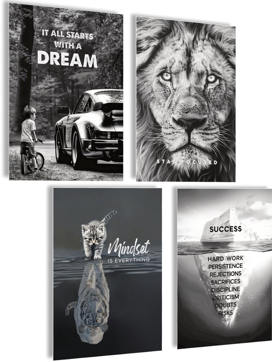 SnelShoppen - Motivatie Poster Fitness Growth Mindset - Esthetische Gym Decoratie Zwart Wit voor Kantoor, Badkamer en Keuken