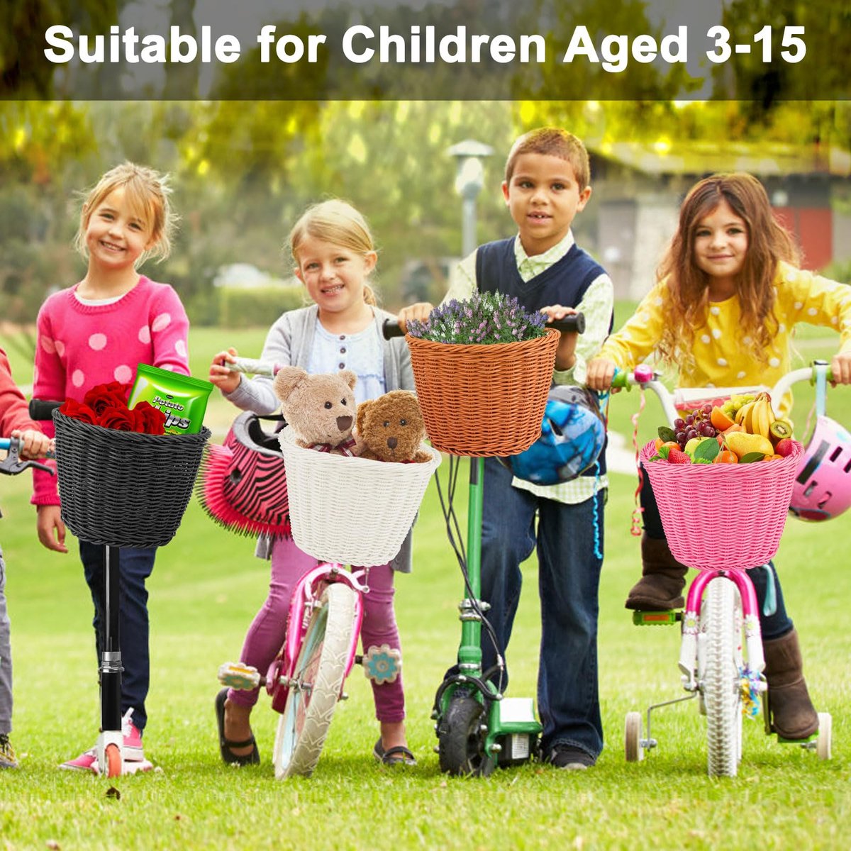 SnelShoppen - Fietsmand Kind Voorop, Handgeweven Kinderfietsmand voor Meisjes en Jongens, Stevig, Wit, Kinderen-L, Ideaal voor Fietsen, Avonturen, en