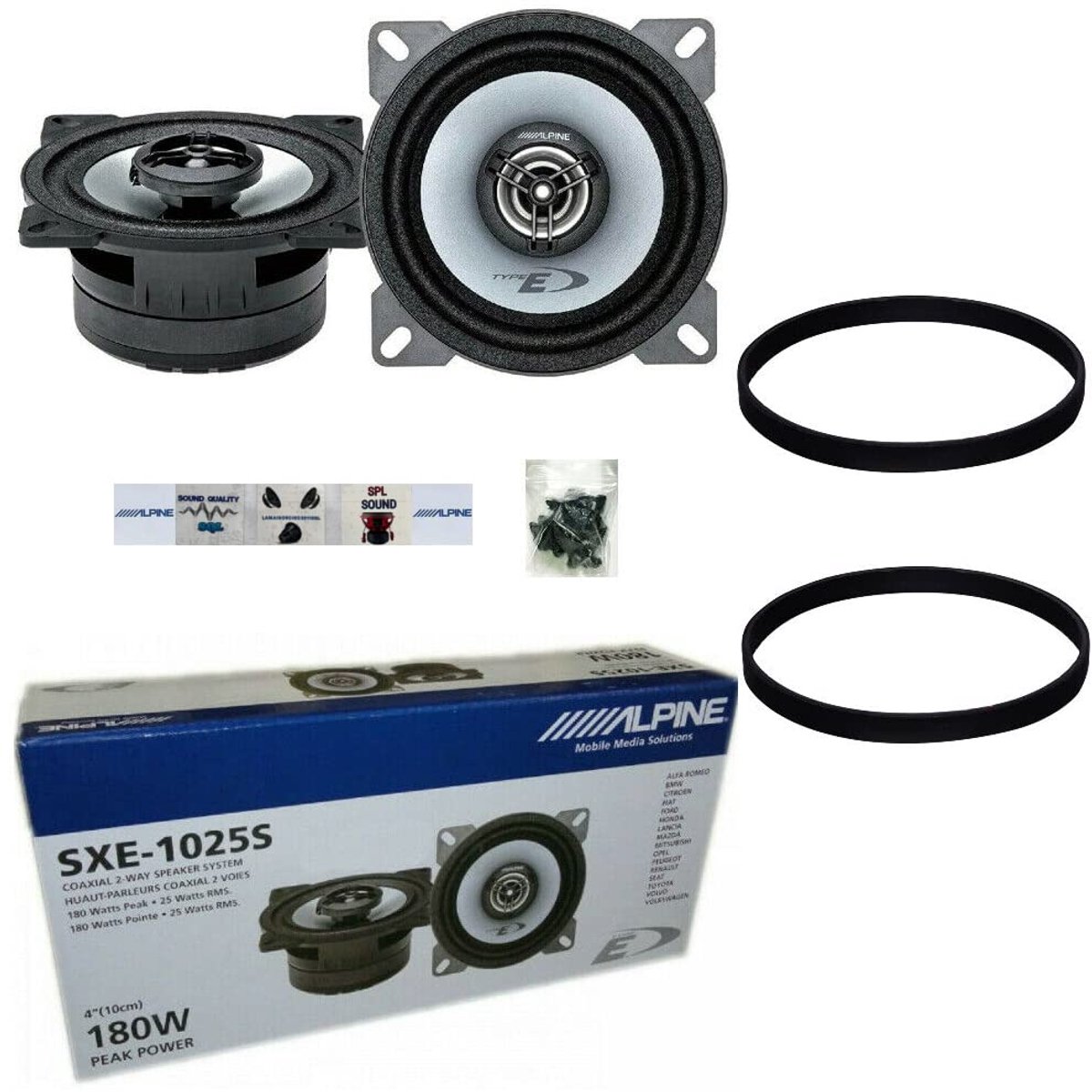 SnelShoppen - KIT SET VOOR COAXIALE LUIDSPREKERS 10 CM 2-WEG 100 MM 25 WATT RMS 180 WATT MAX MET SCHROEFRINGEN EN GRATIS STICKERS VOOR STANDAARDBEHUIZ