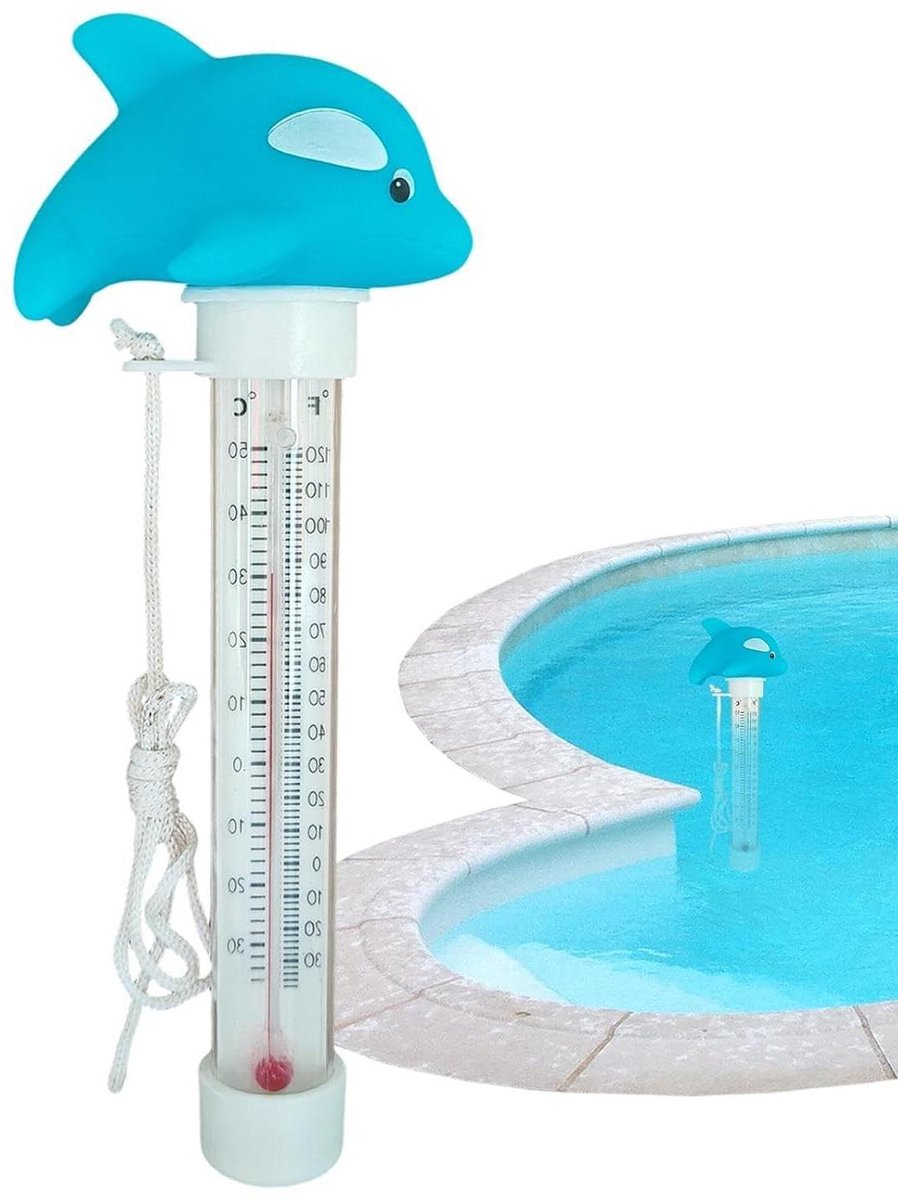 Zwevende Zwembadthermometer - Waterthermometer Vijver - Watertemperatuur Meten - Duidelijk Afleesbaar Display - 20 cm - Blauwe Dolfijn