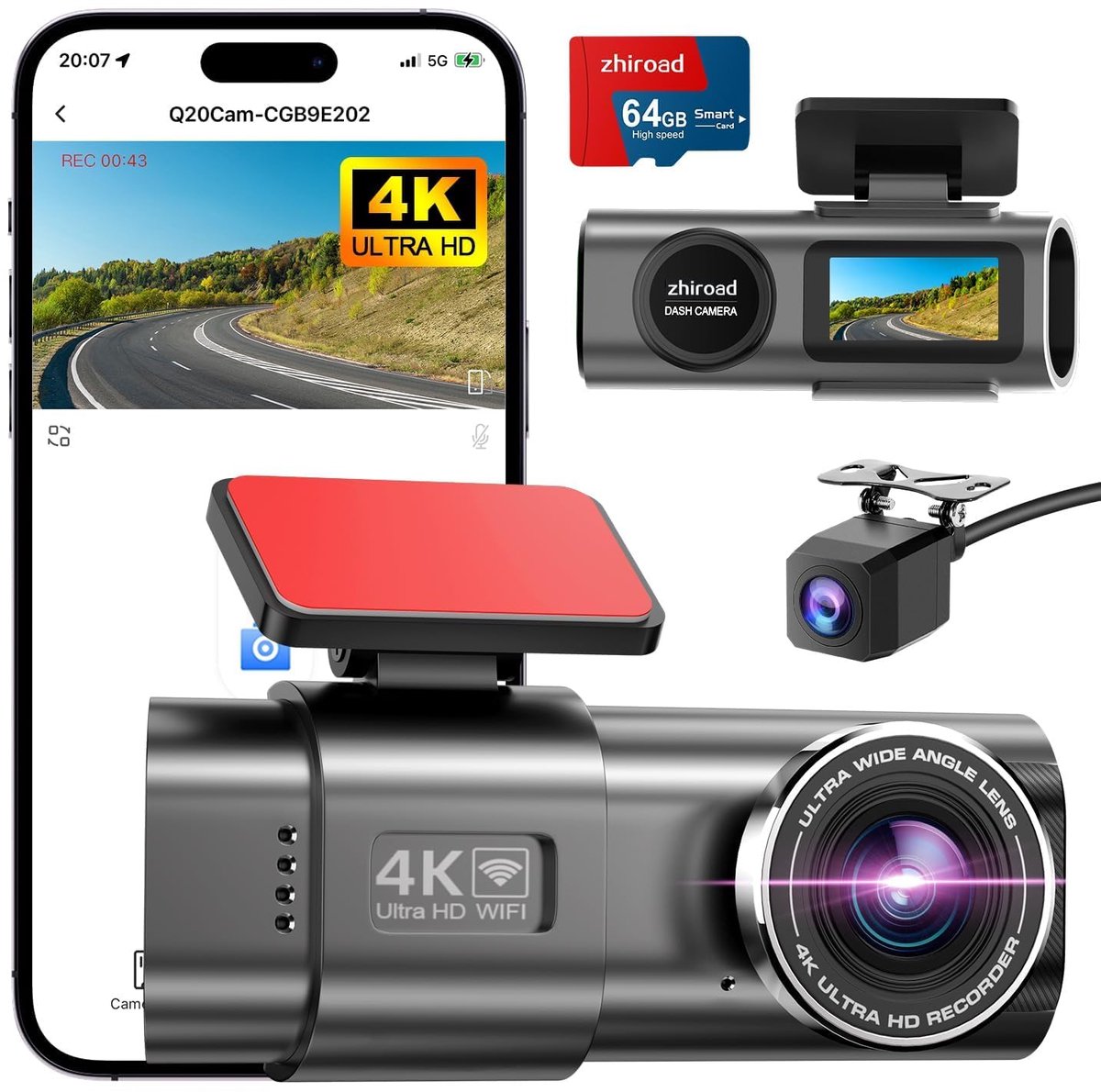 SnelShoppen - Dashcam Auto 4K+1080P WiFi Voor en Achter, Afneembare Dashboard Camera met 64G SD-Kaart, 170°+140° Groothoek, G Sensor, Nachtzicht, Park