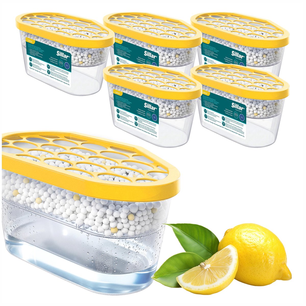 Sillar Set 6 vochtabsorbers 400ml - luchtontvochtiger - vochtopnemer voor kasten, kleerkasten, keuken, badkamer - citroengeur