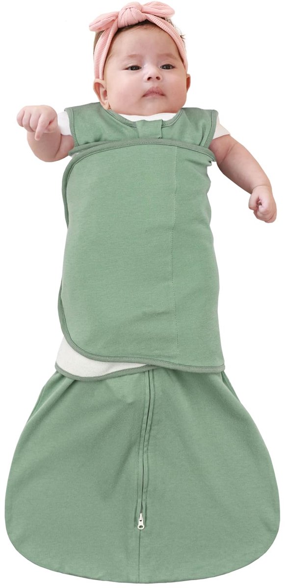SnelShoppen - ZIGJOY Baby Swaddle Slaapzak 0-6 Maanden, 0,5 TOG Draagbare Deken, 100% Katoen, 3-Weg Verstelbare Pasgeboren Overgang Slaapzak in Groen