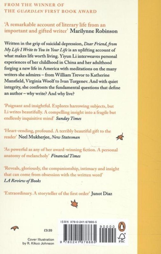 Achterkant van het boek 'Dear Friend, from My Life I Write to You in Your Life'. Bevat recensies en ISBN.