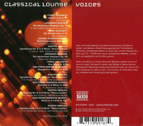 CDhoes met tekst van Franz Schubert, Brahms, Bach, Mozart en Gustav Mahler. Titel 'Classical Lounge Voices'.