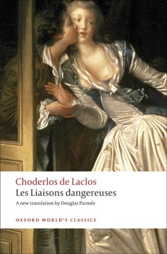 Boekomslag met schilderij van een stel in 18e-eeuwse kledij, titel 'Les Liaisons dangereuses'.