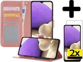 Hoesje Geschikt voor Samsung A32 4G Hoesje Book Case Hoes Wallet Cover Met 2x Screenprotector - Hoes Geschikt voor Samsung Galaxy A32 4G Hoesje Bookcase Hoes - Rosé goud