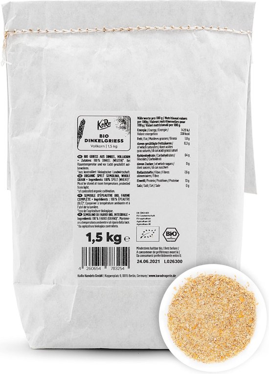 Witte papieren zak met het "Bio Dinkelgriess Vollkorn 1,5 kg" logo en voedingswaarde-informatie.