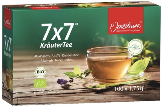 Verpakking van P. Jentschura 7x7 kruidenthee met een afbeelding van een theekop, '7x7 KräuterTee' tekst en biologisch keurmerk.