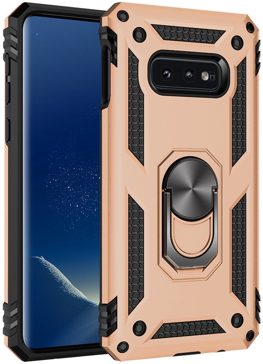 Hoesje Geschikt Voor Samsung Galaxy S10e Armor Hoesje Ringhouder TPU - Goud