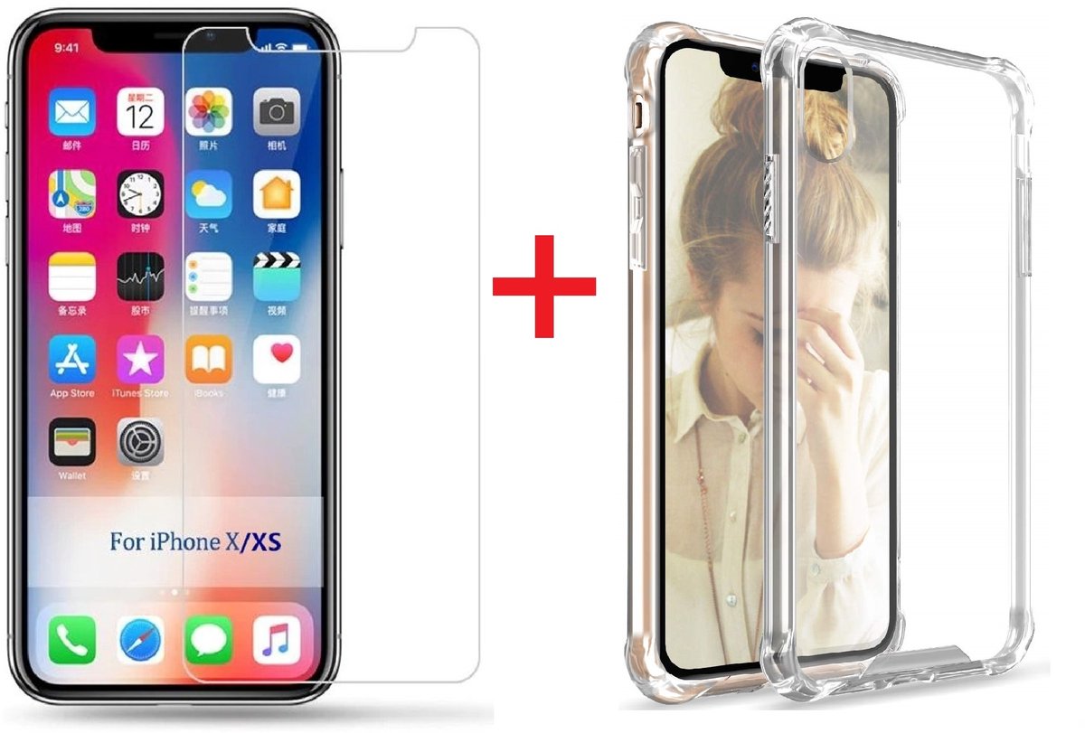 Ntech hoesje Geschikt voor iPhone Xs Screenprotector Tempered Glass + Anti Shock Hoesje