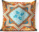 Sierkussens - Kussen - Vierkant patroon met een ster op een oranje achtergrond met blauwe en gele versieringen - 60x60 cm - Kussen van katoen