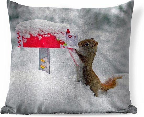 Sierkussens - Kussen - Eekhoorn in de winter die zijn Valentijns kaarten ophaalt - 50x50 cm - Kussen van katoen