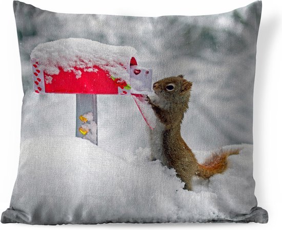 Sierkussens - Kussen - Eekhoorn in de winter die zijn Valentijns kaarten ophaalt - 50x50 cm - Kussen van katoen