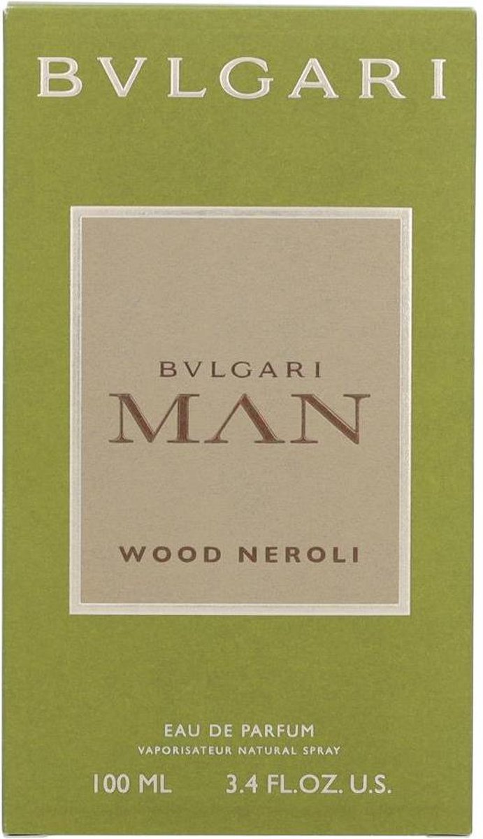 Bvlgari Man Wood Neroli Eau de Parfum, 100 ml. Gouden dop, helder glas, heldergele vloeistof.