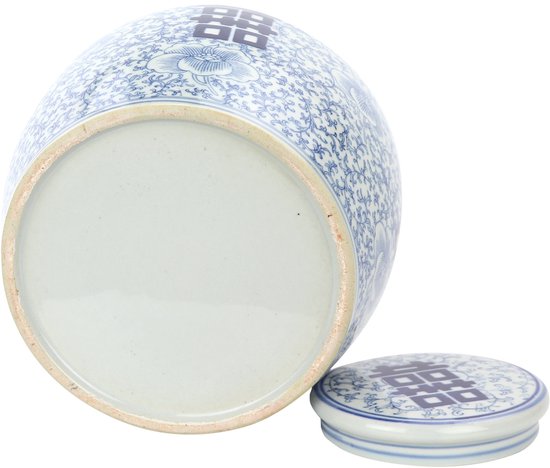 Blauwwitte porseleinen pot met deksel, versierd met bloemenpatronen en het 'Double Happiness'-symbool. De onderkant van de pot is zichtbaar.