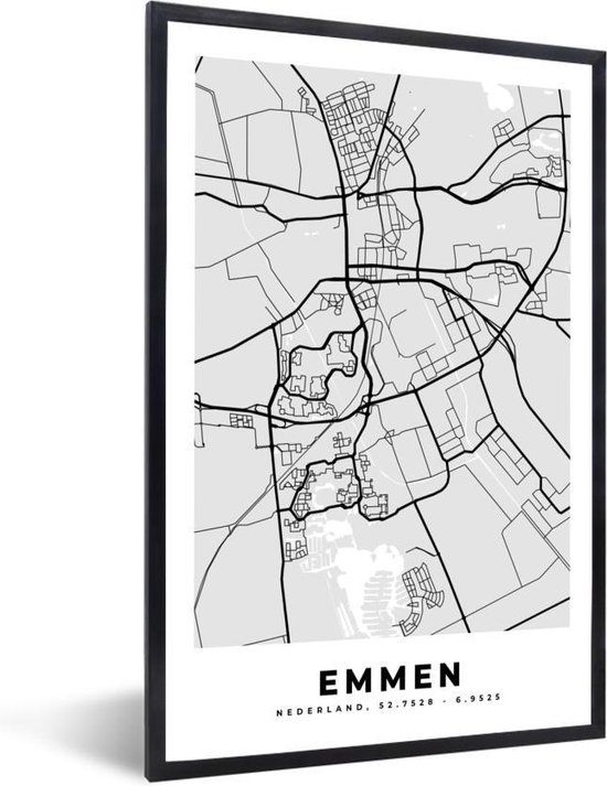 Fotolijst incl. Poster - Stadskaart - Emmen - Grijs - Wit - 20x30 cm - Posterlijst - Plattegrond