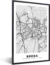 Poster met lijst Stadskaart - Breda - Grijs - Wit - 20x30 cm - Plattegrond